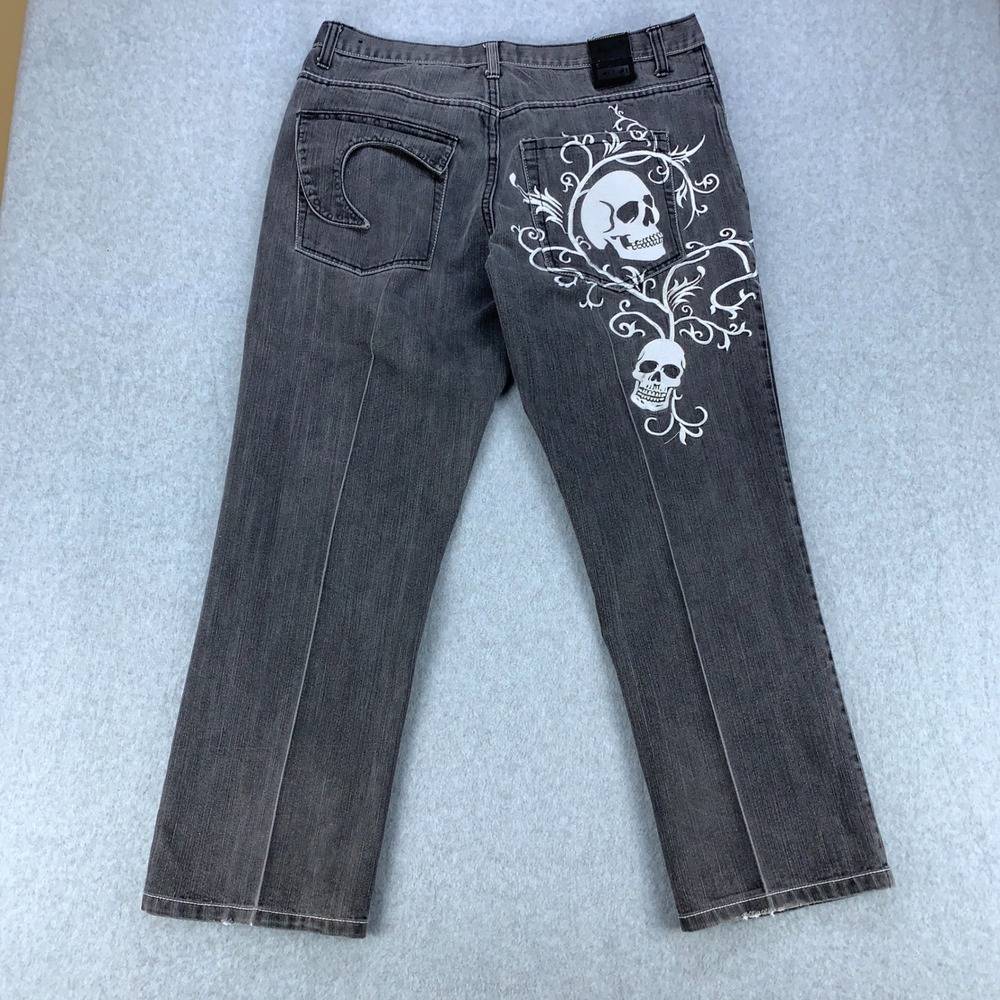 Attitude Gold Jeans Men 38x32 Grey Skull Graphic Ramie Cotton Straight Leg